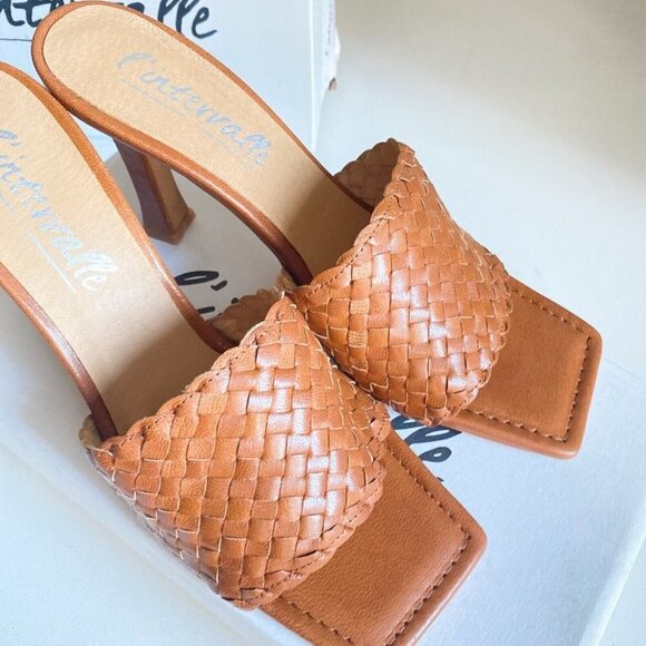 L'Intervalle Caramel Brown Woven Braided Square toe High  Heel Slides 41 - Picture 3 of 8